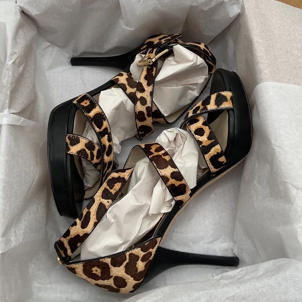 Michael Kors Leopard Calf Hair Platform Sandals Brown‎ Black Stiletto Heels 8M